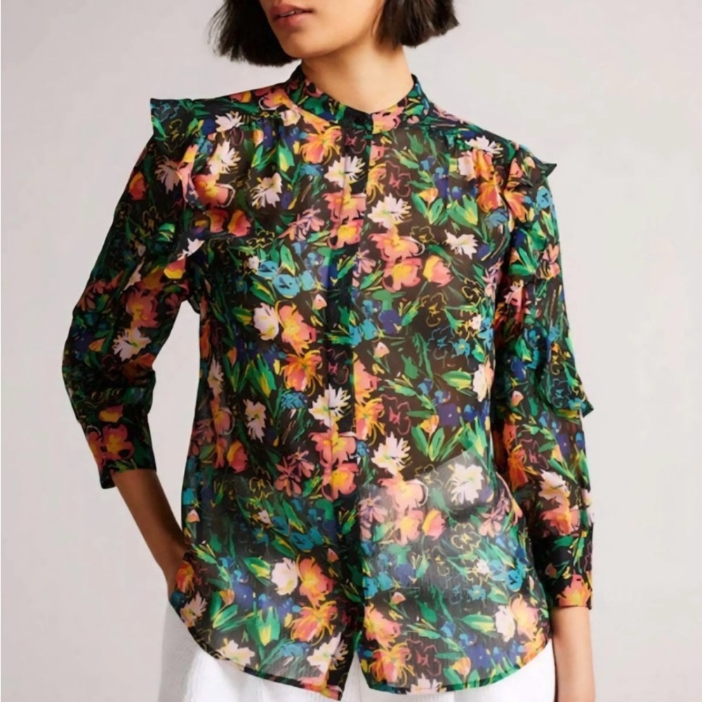 Ted Baker Carita Blouse US 6 Abstract Floral Ruffle Sleeve Sheer Feminine